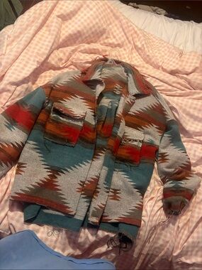 Western Pattern Wool-Blend Aztec Multi-Colored Jacket/Shacket